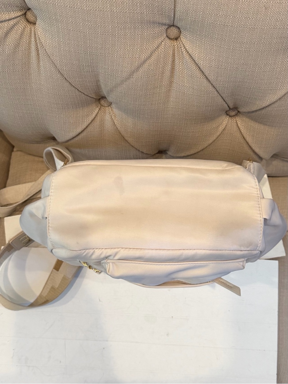 Haute Hippie Cream Nylon Convertible Backpack Tote with Patterned Strap - Picture 5 of 12